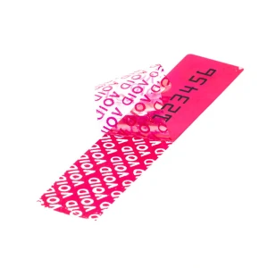 Etykieta plombująca 100x20 mm czerwona + ślady na powierzchni